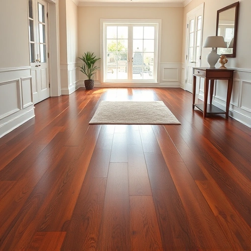 Hardwood floor staining in Oklahoma City showcasing deep mahogany finish with elegant baseboards and area rug in bright room.