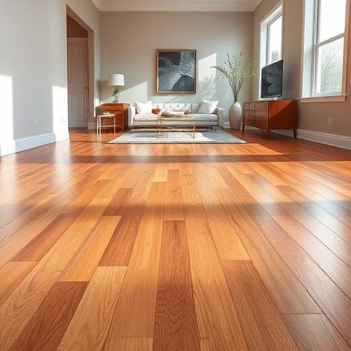 Detailing a polished hardwood floor installation in Noble, OK with warm tones and modern decor enhancing its elegance.