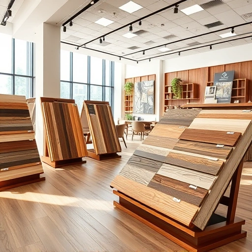 Showroom display of diverse hardwood, laminate, and tile flooring samples arranged on elegant stands in natural light.