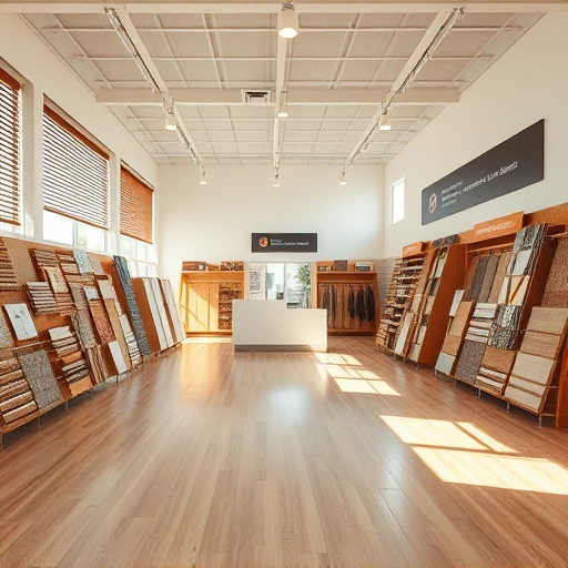 Showroom for flooring sales in Wellston, OK, featuring hardwood, tile, and carpet samples in a serene environment.