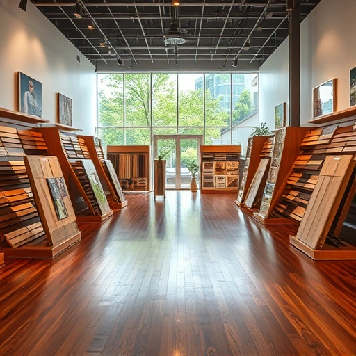 Spacious Midwest City showroom displaying diverse flooring options like hardwood and tile with elegant decor and natural light.