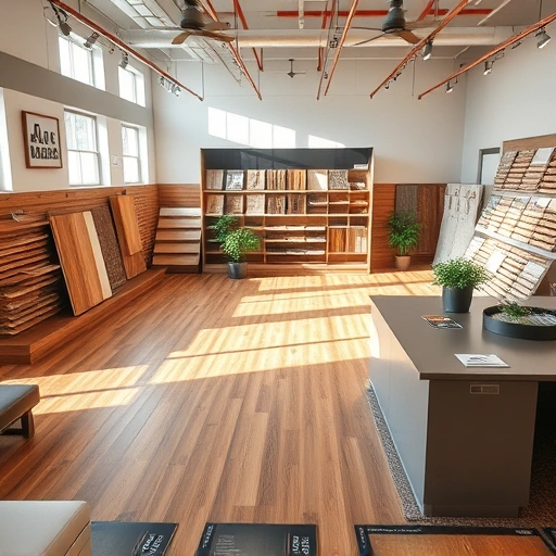 Flooring showroom showcasing hardwood, laminate, tiles, and carpets in a modern, well-lit design with elegant displays.