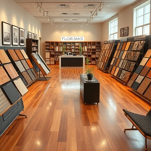 Flooring showroom features hardwood, laminate, tile, and carpet with polished floors and elegant displays in a warm ambiance.
