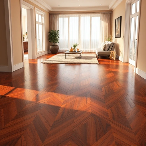 Completed hardwood flooring installation in Cashion OK featuring dark planks in herringbone pattern with elegant decor.
