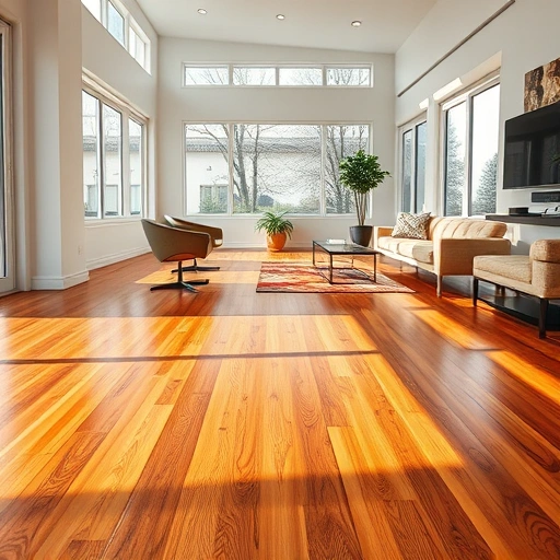 Hardwood floor installation in a spacious, well-lit room with elegant decor and natural light enhancing wood tones.