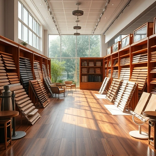 Flooring showroom in Slaughterville OK with various samples and elegant lighting highlighting textures and colors.