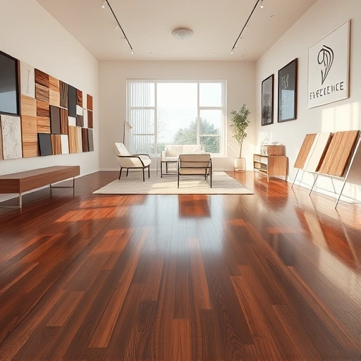 Spacious room showcasing polished walnut hardwood floors, diverse flooring samples, and modern minimalist furniture.