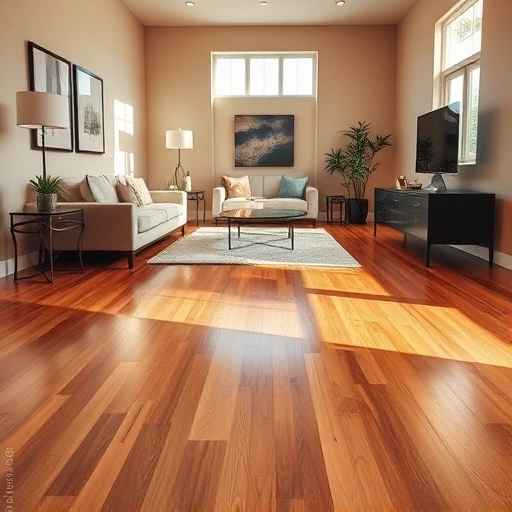 Beautifully polished hardwood floor refinished in Oklahoma City, showcasing rich wood tones and elegant decor.