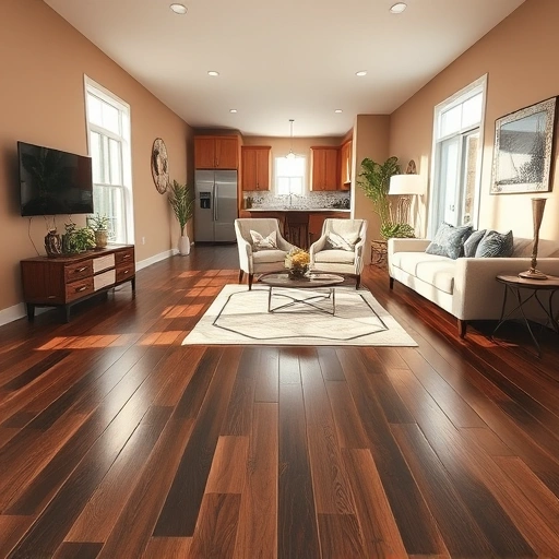 Modern living room in Nicoma Park with dark hardwood flooring, neutral walls, area rug, and elegant decor.