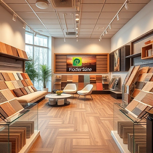 Flooring showroom displays hardwood, laminate, tile, and carpet in an inviting, well-lit setting with modern decor.
