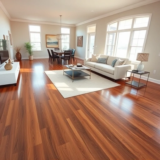 Spacious Mustang OK living room with walnut hardwood floors, modern furniture, and soft natural light.