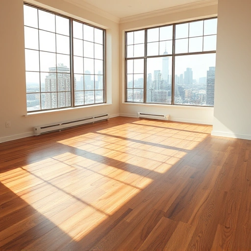 spacious room with polished hardwood flooring, natural light, warm tones, and Oklahoma City skyline view through windows