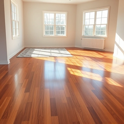 Spacious room with polished hardwood floors, natural light, seamless installation, warm tones, stylish area rug.