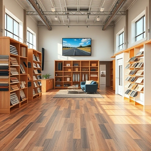 Flooring showroom with hardwood, laminate, tile, and carpet options displayed on polished surfaces and natural light.