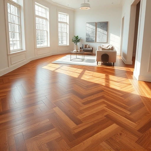 Beautiful hardwood flooring in herringbone pattern, warm finish, natural light, elegant decor in Oklahoma City.