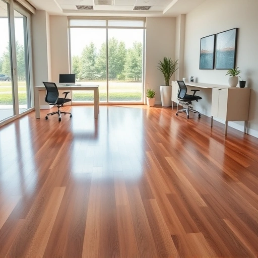 Modern office interior at Tinker AFB with polished hardwood flooring, large windows, and stylish furniture.