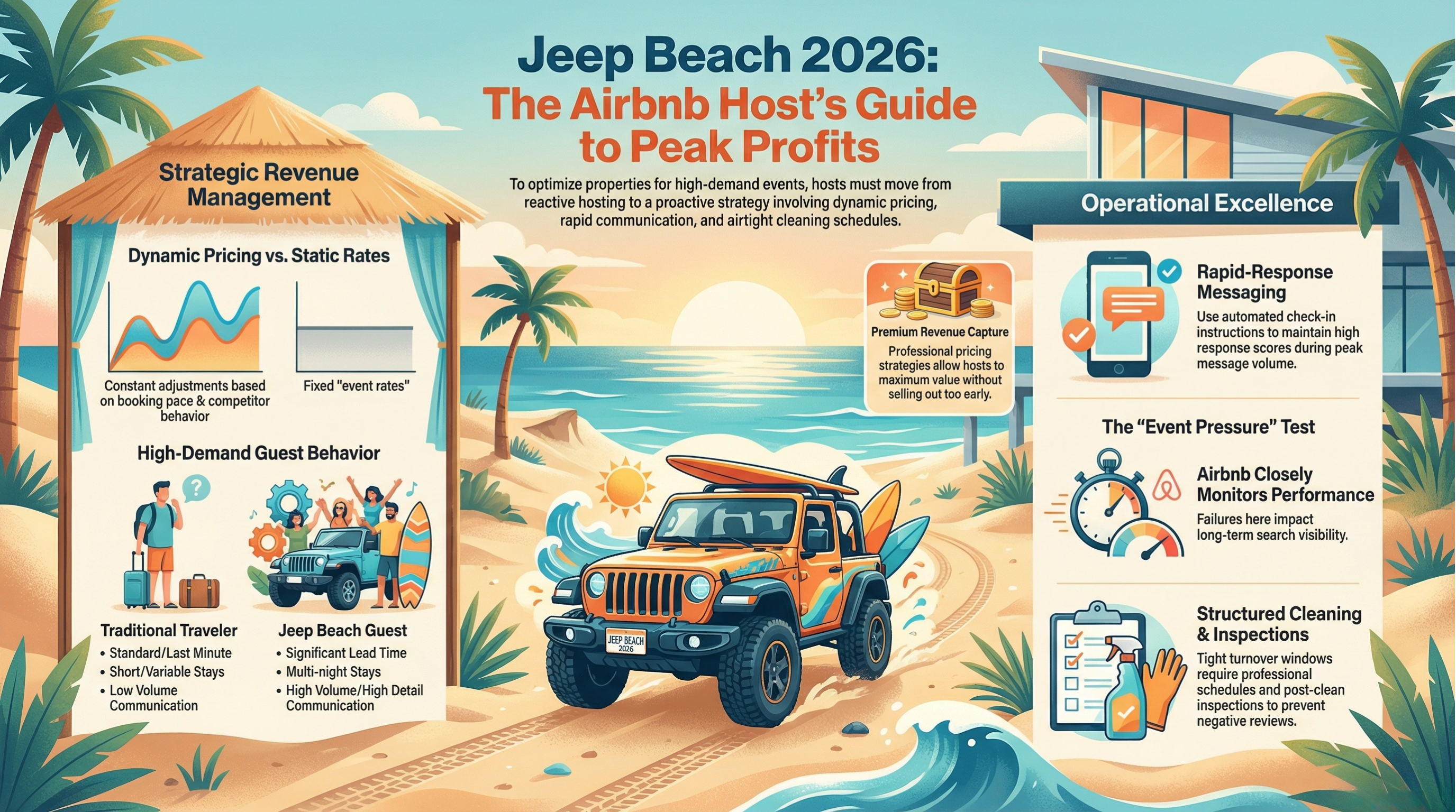 Airbnb property management strategy for Jeep Beach Daytona 2026 including dynamic pricing, guest communication, cleaning coordination, and high-demand event preparation.