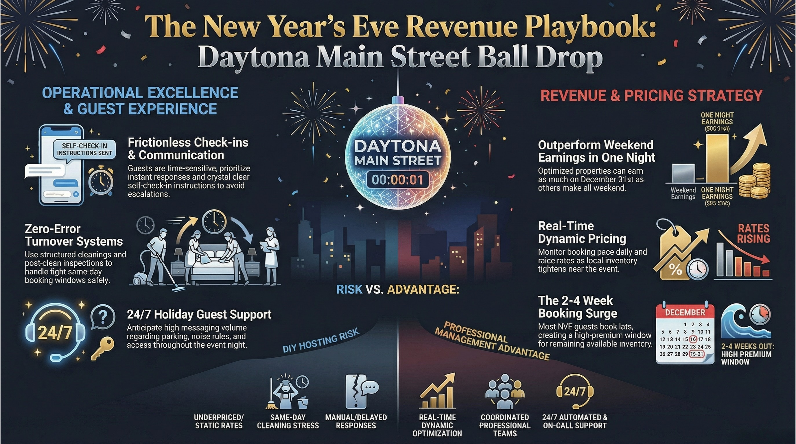 Optimize your Airbnb listing for New Year’s Eve Main Street Ball Drop Daytona 2026 using dynamic pricing, guest communication, and professional holiday turnover management.