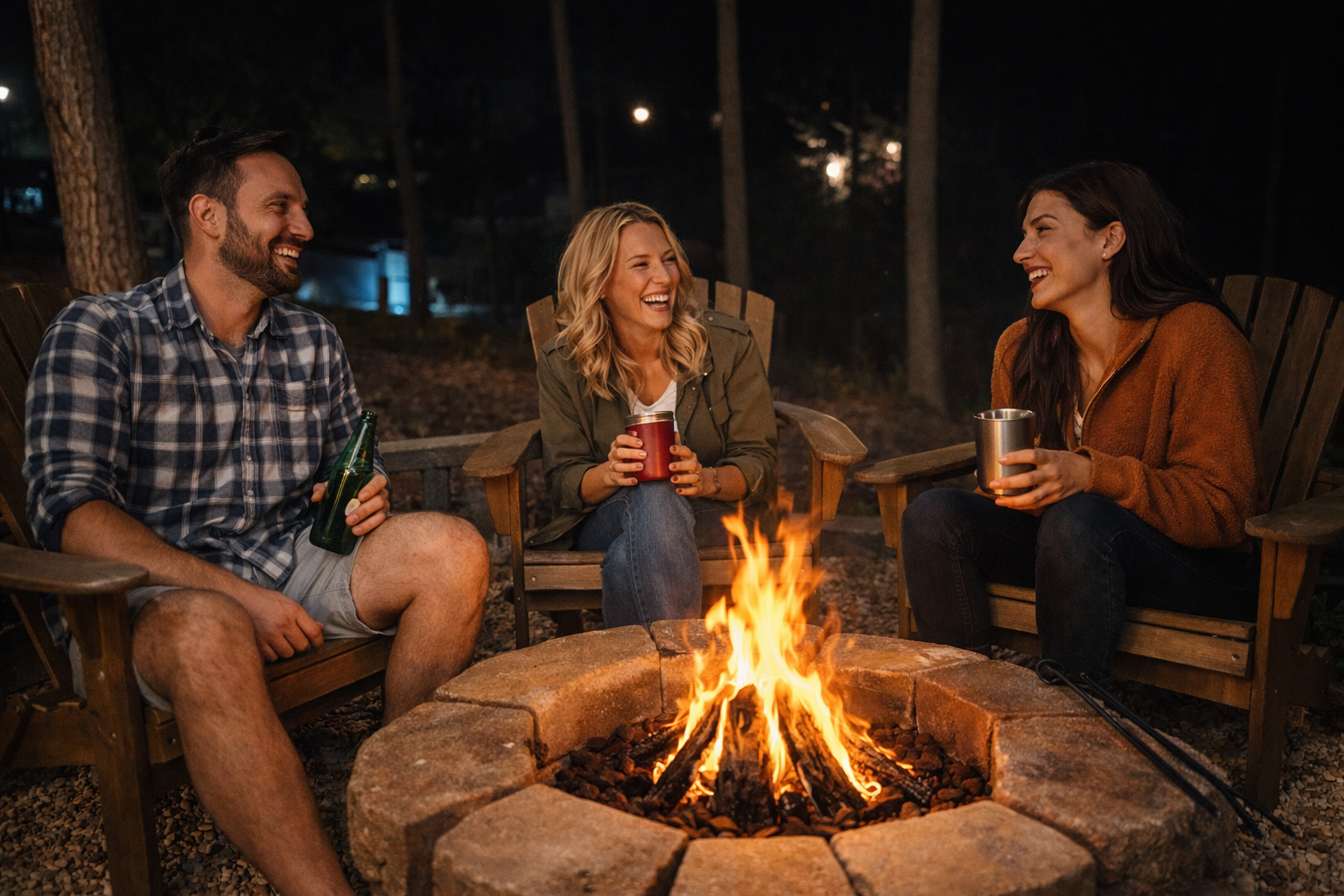 friends relaxing and talking around a fire pit