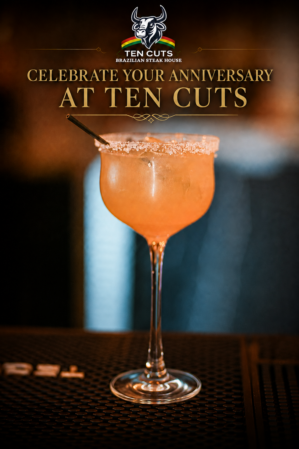 Candlelit anniversary table setting with dessert at Ten Cuts Steakhouse