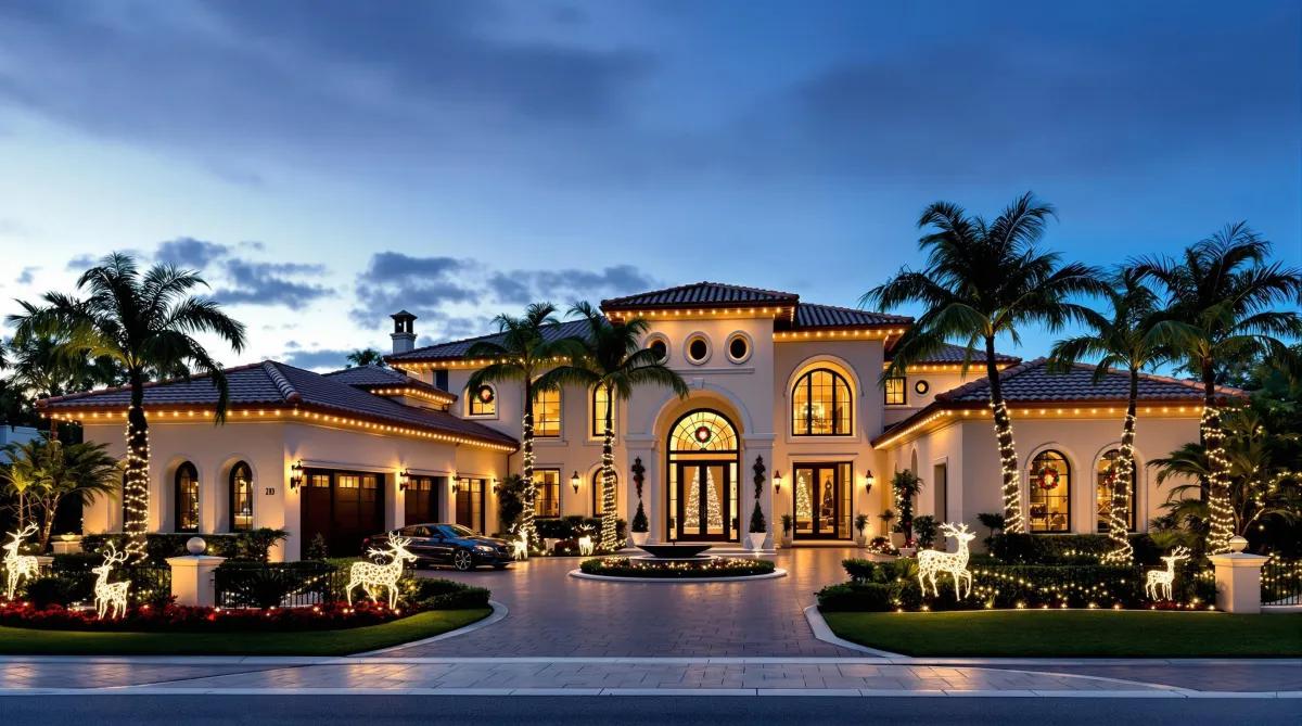 Mediterranean style South Florida home with holiday lighting at blue hour