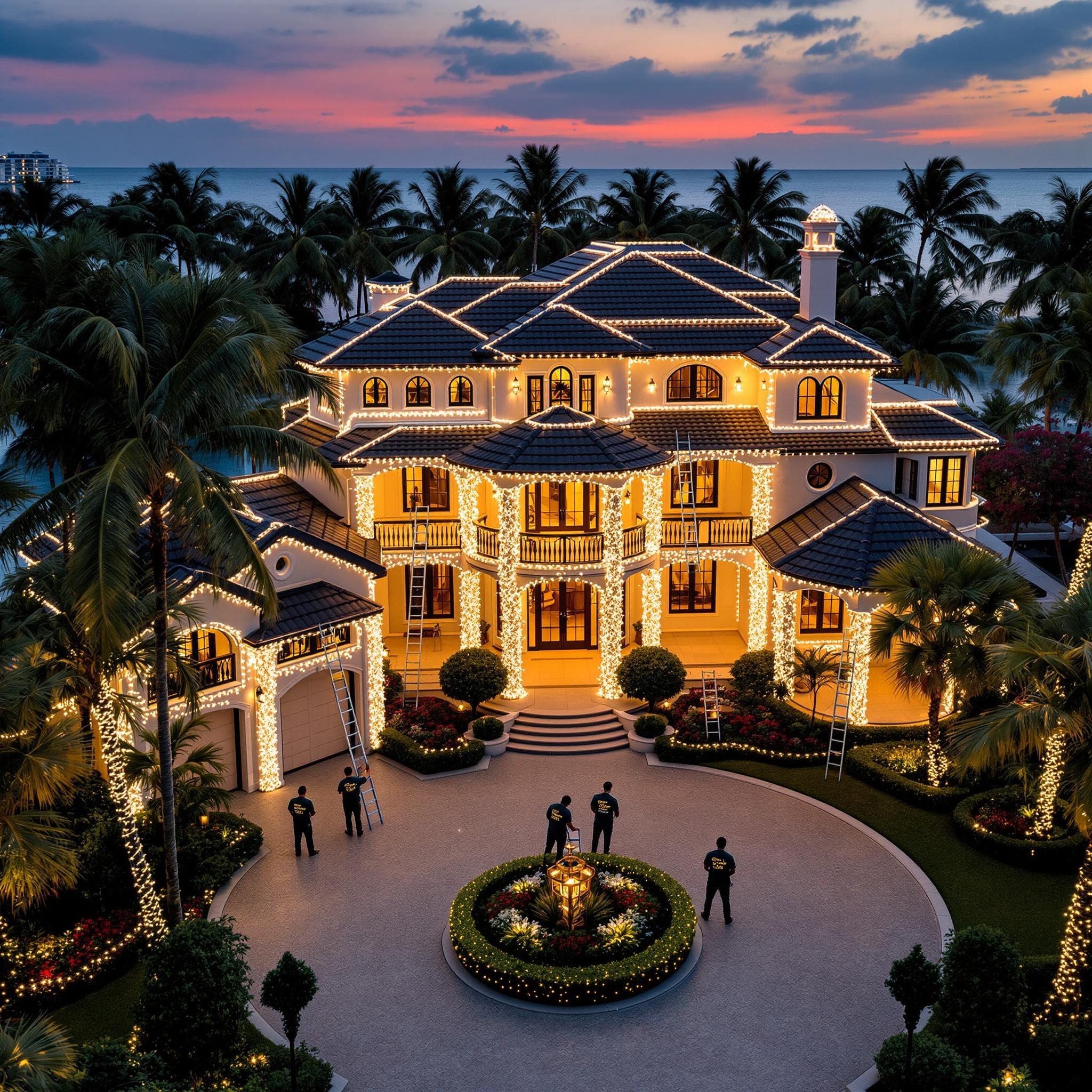 Upscale South Florida estate with holiday roofline lighting at dusk
