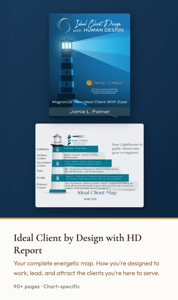 Ideal Client by Design with Human Design Report showing lighthouse cover and client map