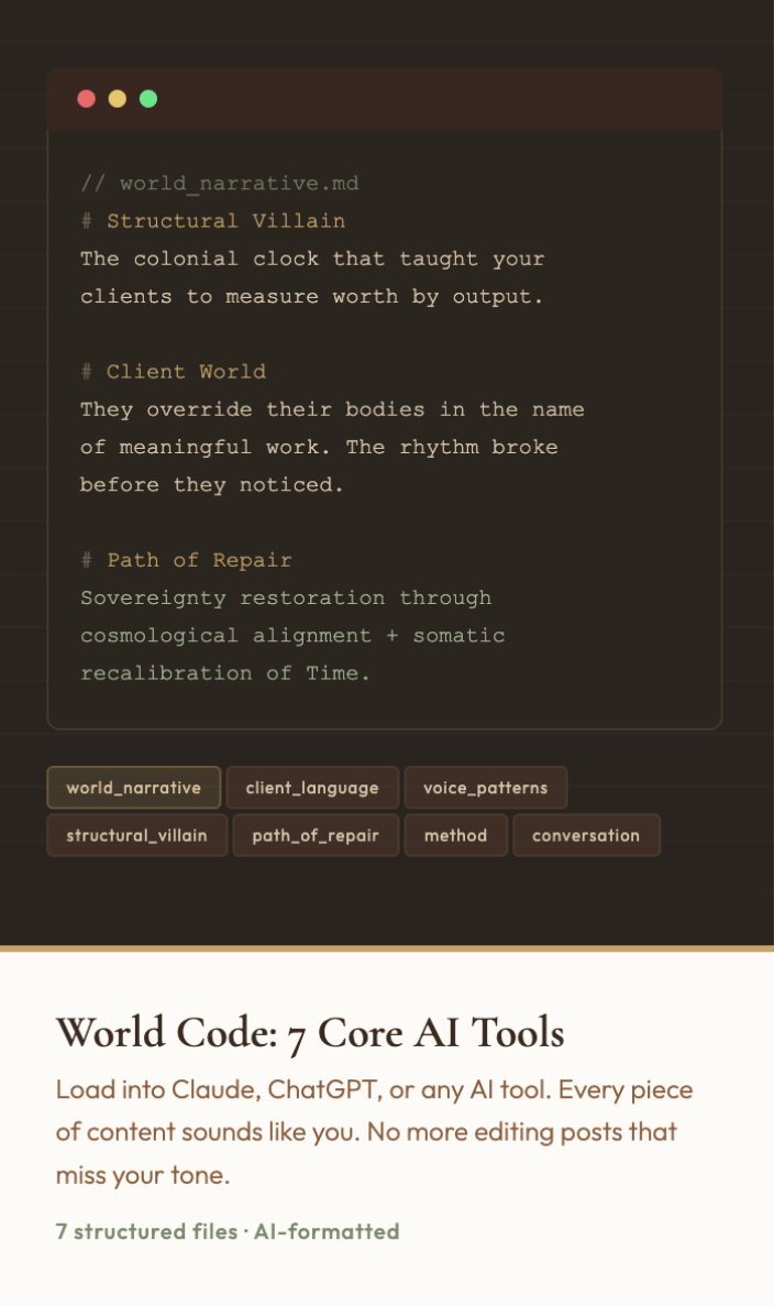 World Code 7 Core AI Tools showing terminal window with structured files
