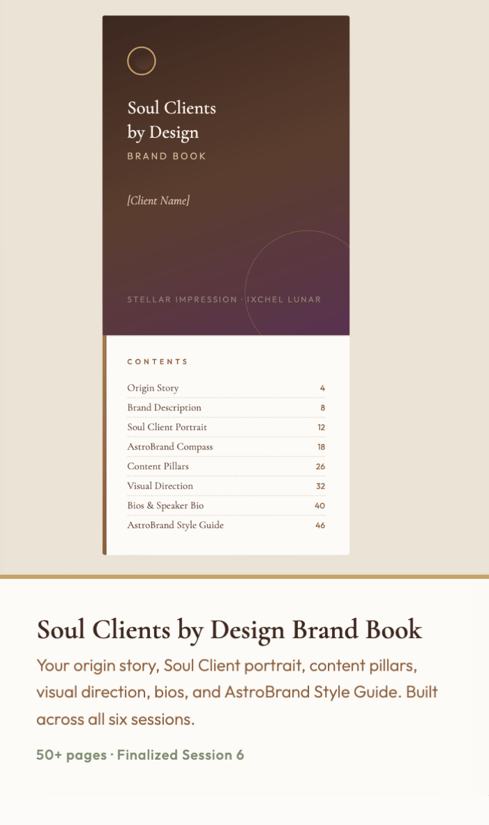 Soul Clients by Design Brand Book mockup showing cover and table of contents