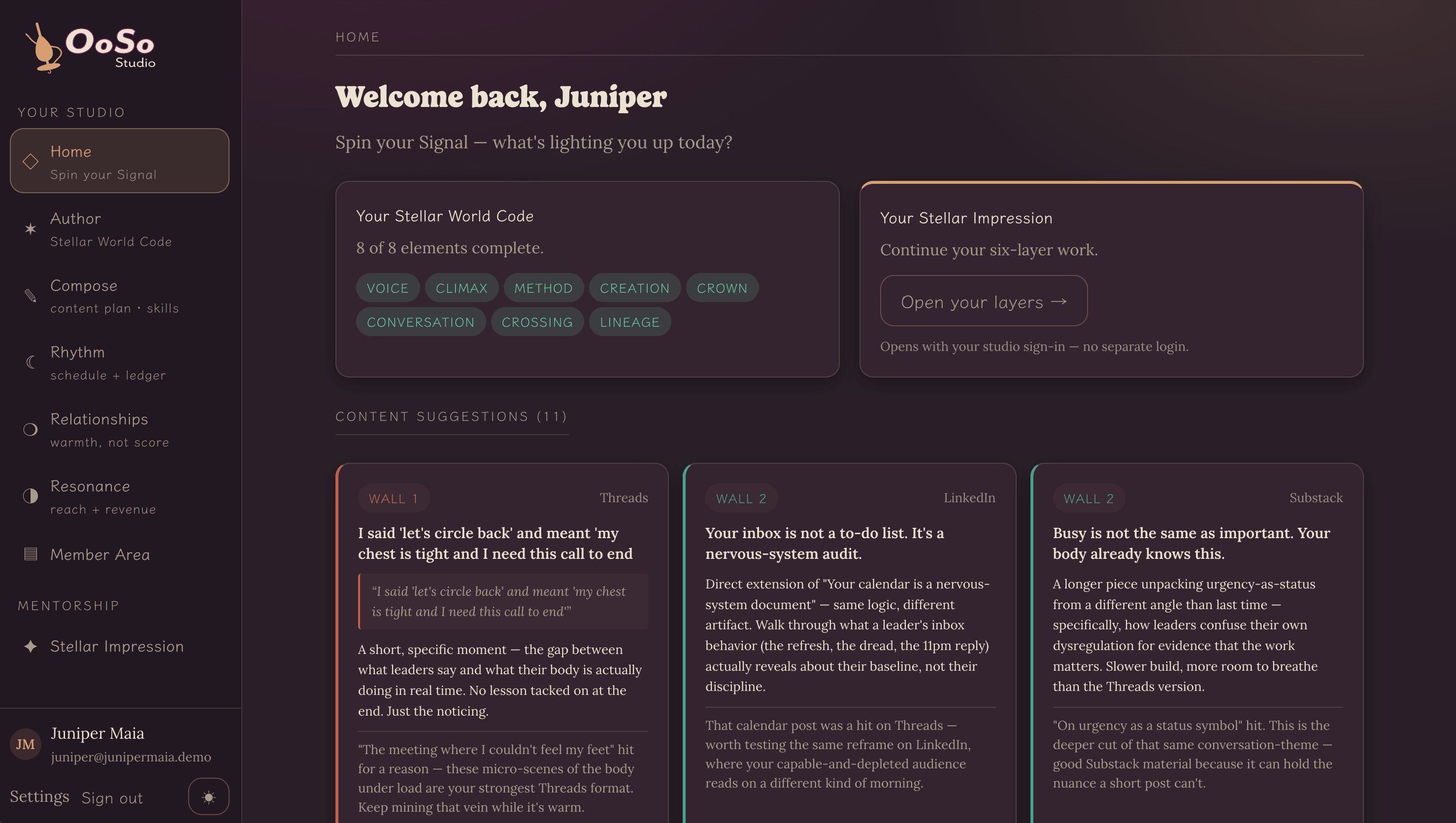 The OoSo Studio™ dashboard, posts, hits, platform performance, and audience signal