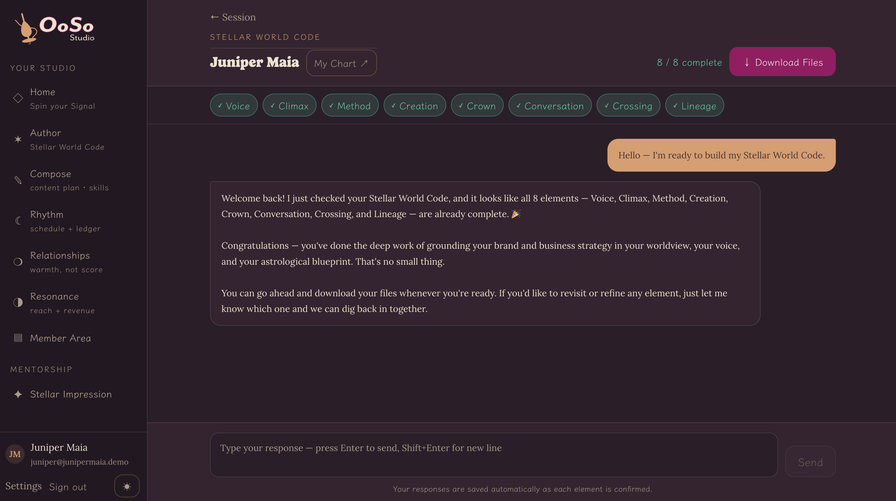 The Stellar World Code builder — eight elements, guided one conversation at a time