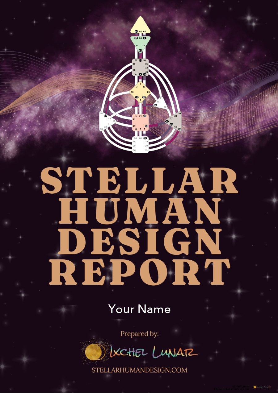 The cover of the Stellar Human Design Report, with a bodygraph over a night sky