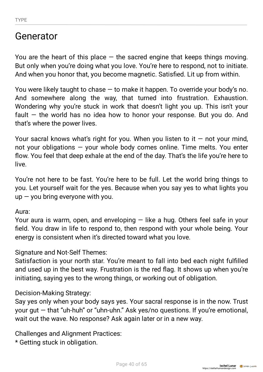 A report page on the Generator type, in Ixchel's words