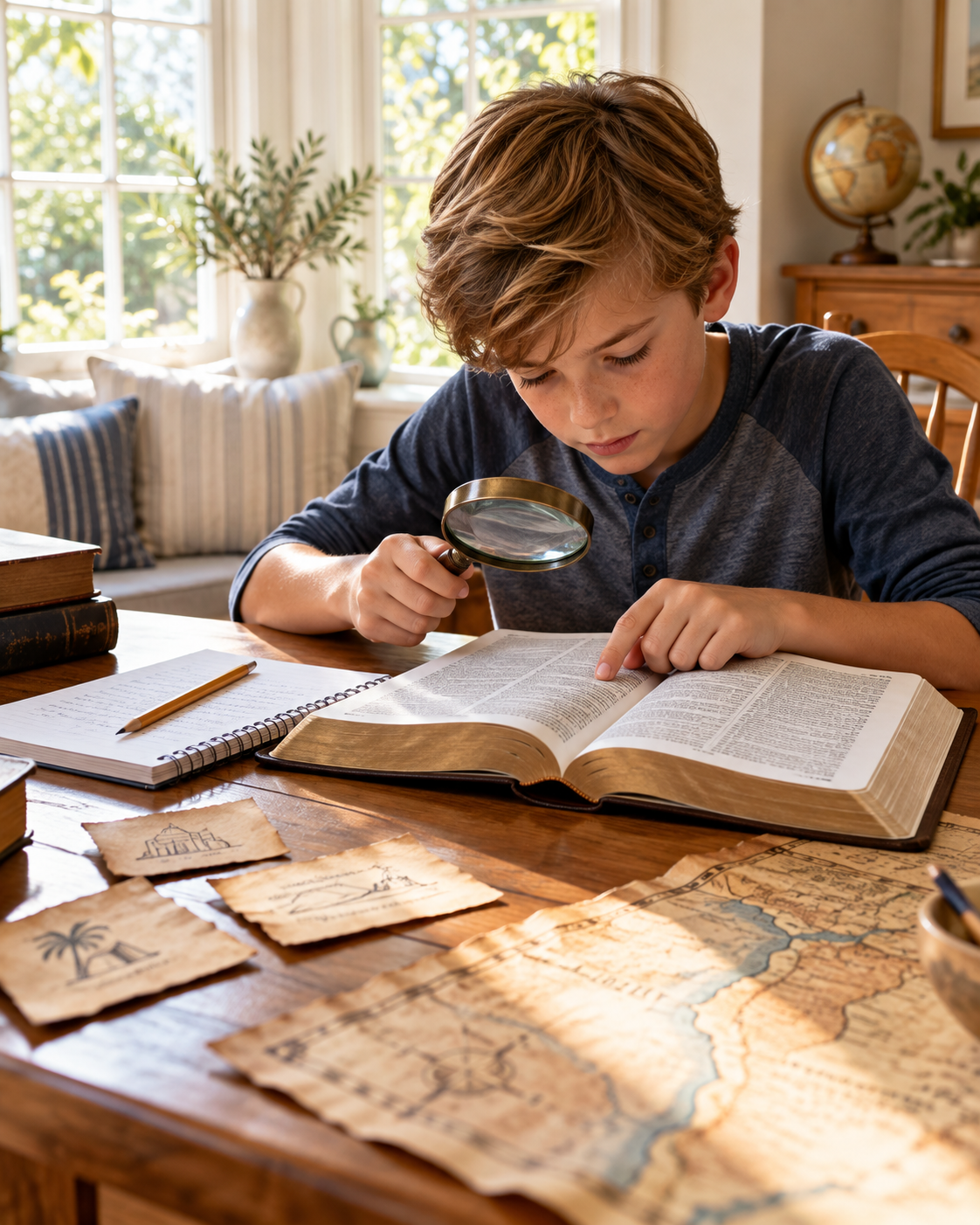 Child studying the Bible with a magnifying glass, map, and clue cards