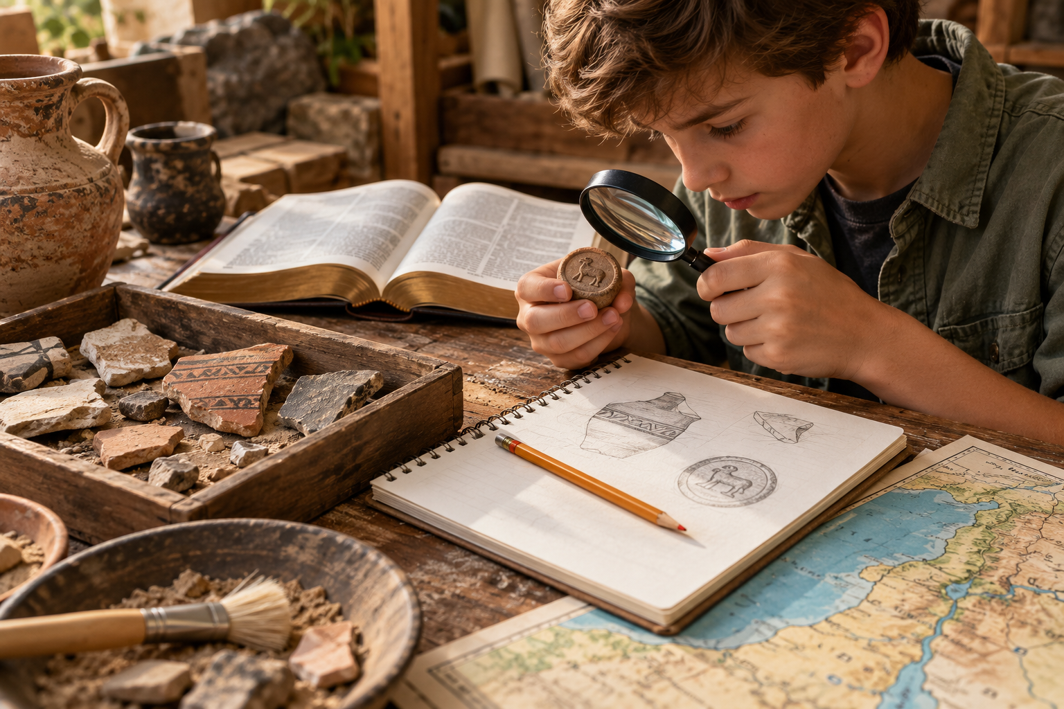 Child examining an ancient-style seal and pottery pieces beside an open Bible