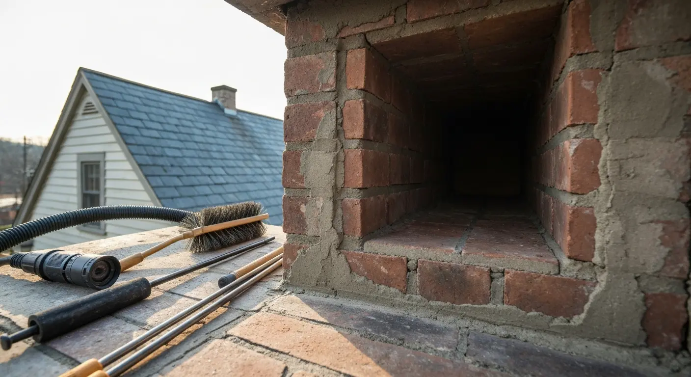 Professional chimney sweep equipment and inspection