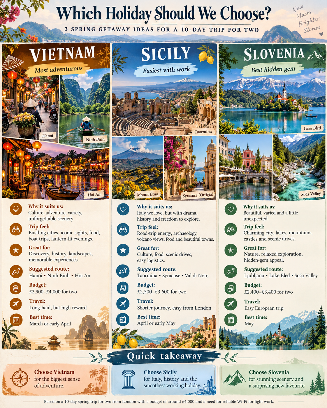 A comparison sheet headed Which Holiday Should We Choose? with three columns, Vietnam, Sicily and Slovenia, each with photographs, why it suits us, a suggested route, a budget and the best time to go. A comparison sheet headed Which Holiday Should We Choose? with three columns, Vietnam, Sicily and Slovenia, each with photographs, why it suits us, a suggested route, a budget and the best time to go.