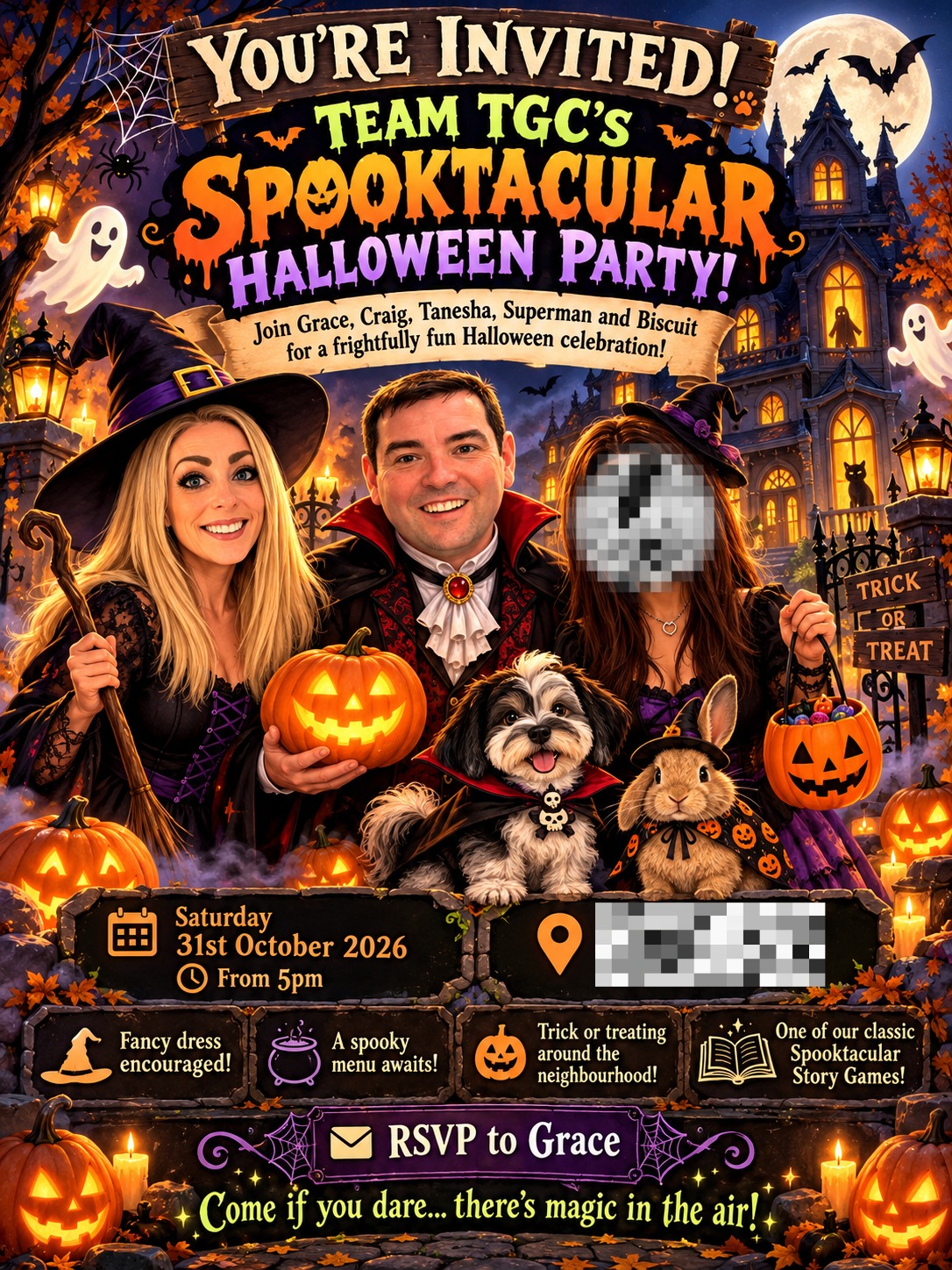 A Halloween party invitation headed You're Invited, Team TGC's Spooktacular Halloween Party, with the family dressed as a witch and a vampire, the dog in a vampire cape and the rabbit in a witch hat, outside a haunted house. A Halloween party invitation headed You're Invited, Team TGC's Spooktacular Halloween Party, with the family dressed as a witch and a vampire, the dog in a vampire cape and the rabbit in a witch hat, outside a haunted house.