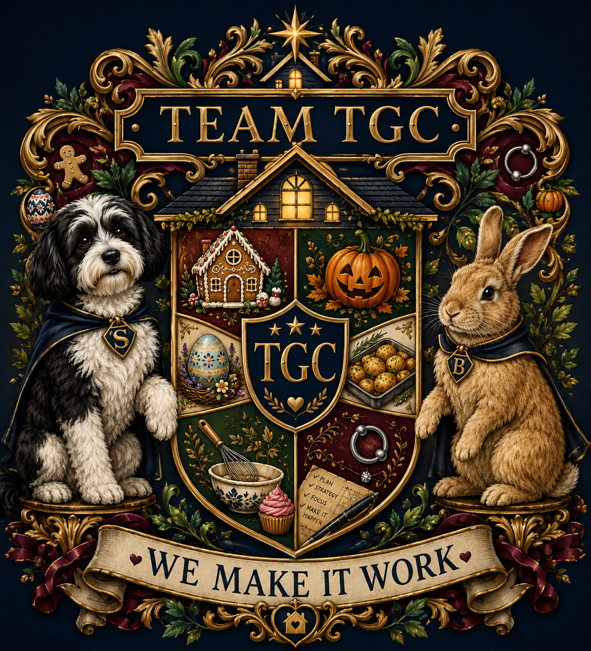 The Team TGC family crest. A gold and navy shield flanked by a Havanese dog and a rabbit, both in capes, with quarters showing a gingerbread house, a pumpkin, a decorated Easter egg, baking, and a checklist. The motto reads We Make It Work. The Team TGC family crest. A gold and navy shield flanked by a Havanese dog and a rabbit, both in capes, with quarters showing a gingerbread house, a pumpkin, a decorated Easter egg, baking, and a checklist. The motto reads We Make It Work.