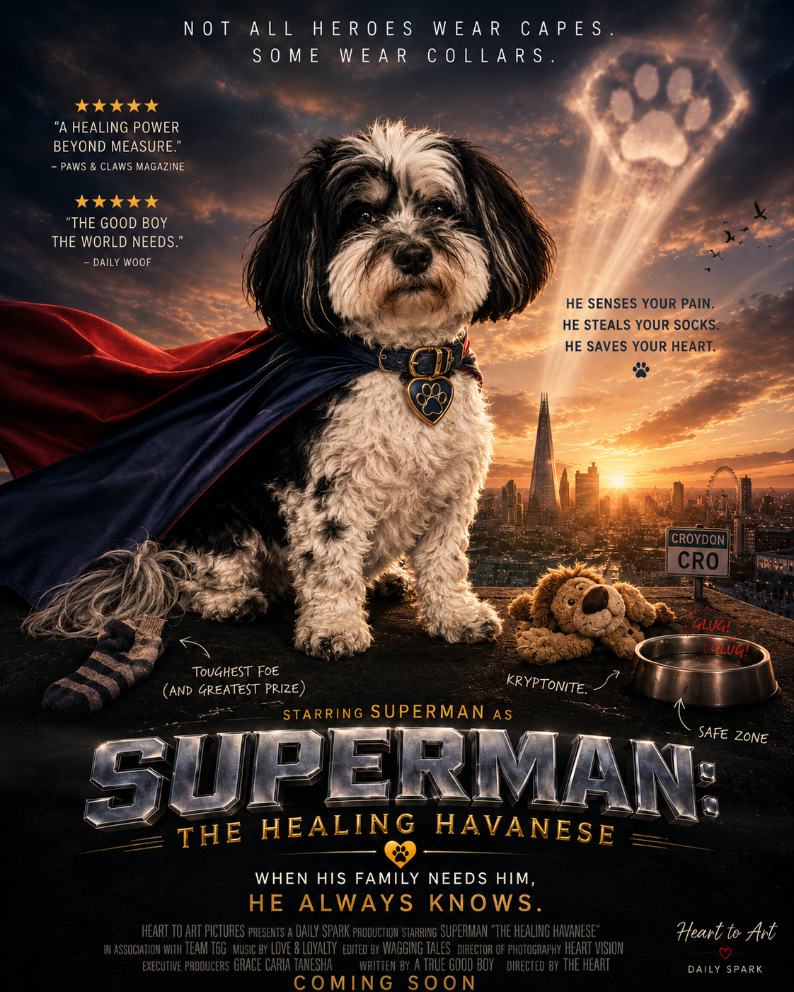 Movie poster for Superman: The Healing Havanese, starring a black and white Havanese in a cape above the London skyline Movie poster for Superman: The Healing Havanese, starring a black and white Havanese in a cape above the London skyline