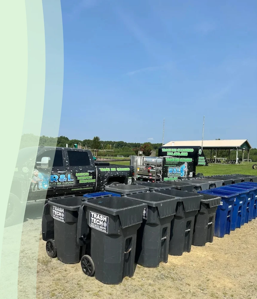  R&L Elite Bin Cleaning trucks and rows of trash bins ready for cleaning service