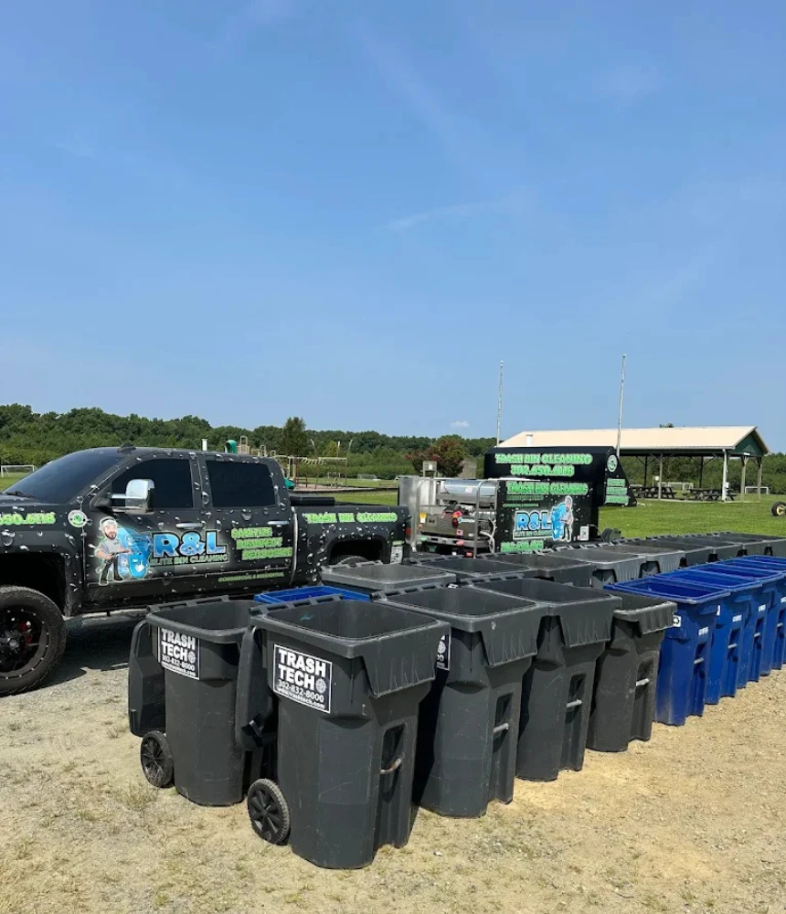  R&L Elite Bin Cleaning trucks and rows of trash bins ready for cleaning service