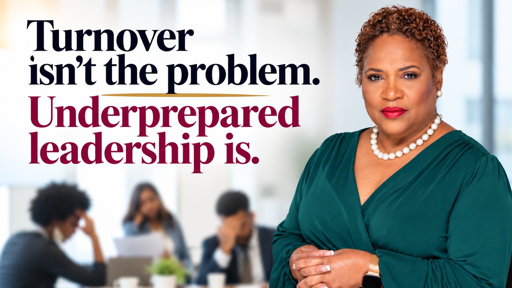 Turnover isn't the problem. Underprepared leadership is. Elaine Robinson Beattie stands confidently in front of a stressed leadership team.