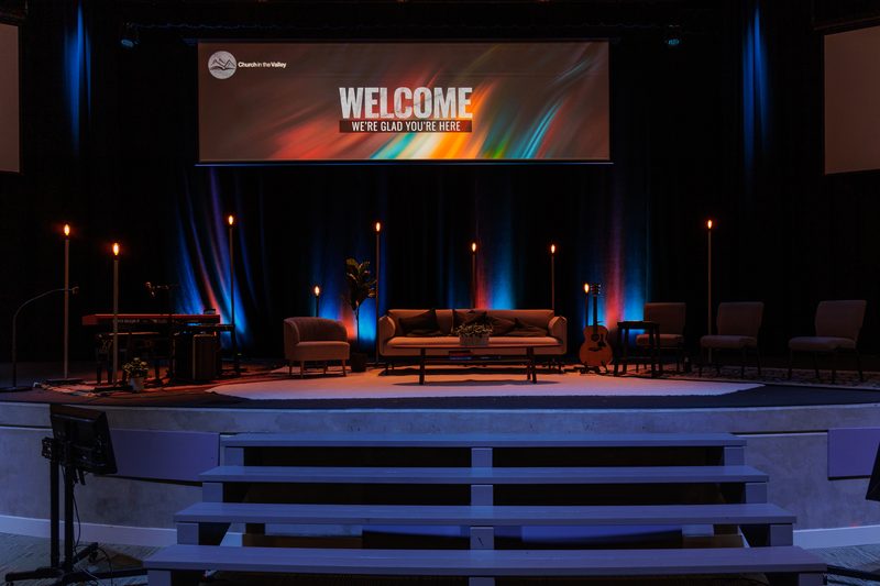 Church in the Valley sanctuary stage with a welcome screen