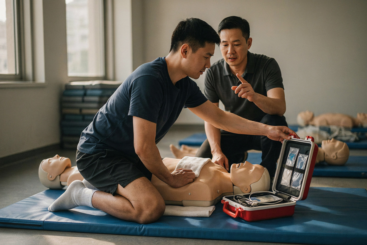 Mid-transition from compressions to reaching for the AED