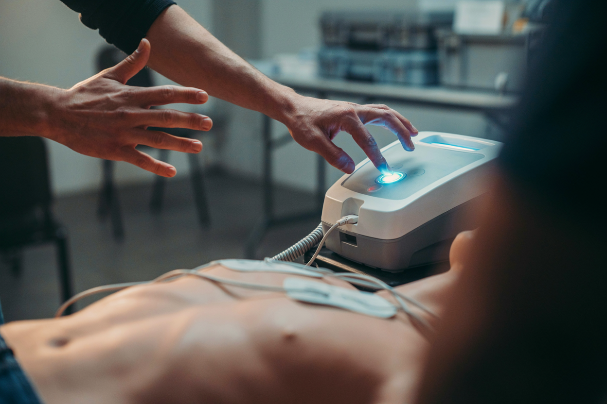 Close-up hand delivering a shock via the AED unit