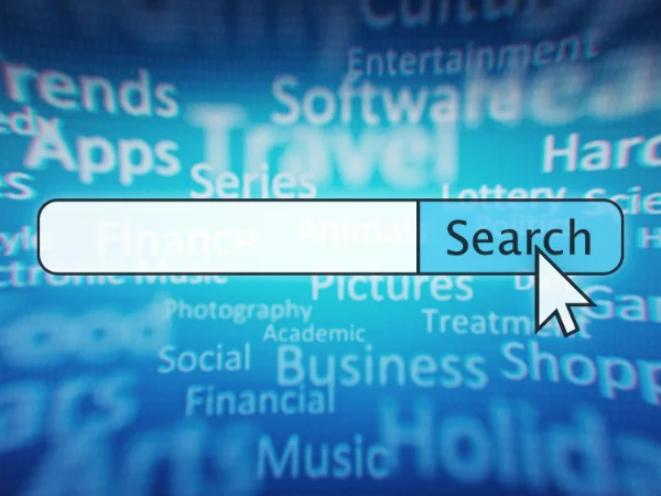Search bar with digital keywords in background, symbolising crawlability, indexing, and technical SEO health for AI visibility.