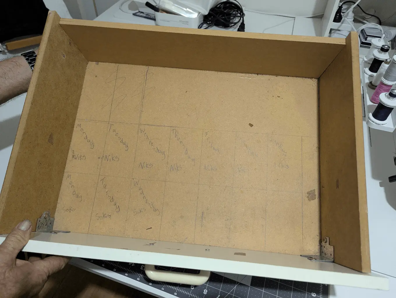 Ellie's childhood drawer with cardboard dividers