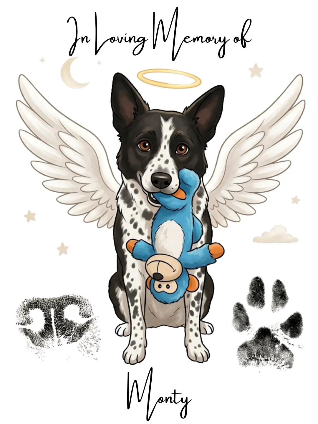 A cartoon of Monty holding his favourite toy, with angel wings, with his paw and nose print.