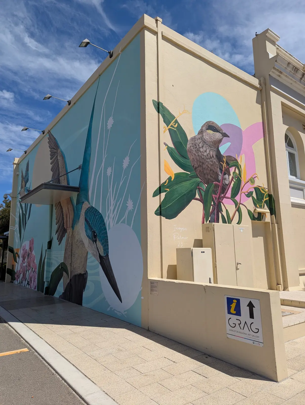 Bird murals on the Geraldton Regional Art Gallery building on a sunny day Bird murals on the Geraldton Regional Art Gallery building on a sunny day